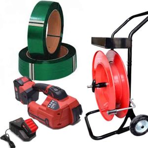 Stroppesett ARGON 10-16mm PET/PP, batteri, lader, PET-bånd 12mm, stroppetralle