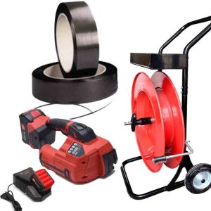 Stroppesett ARGON 10-16mm PET/PP, batteri, lader, PP-bånd 12mm, stroppetralle
